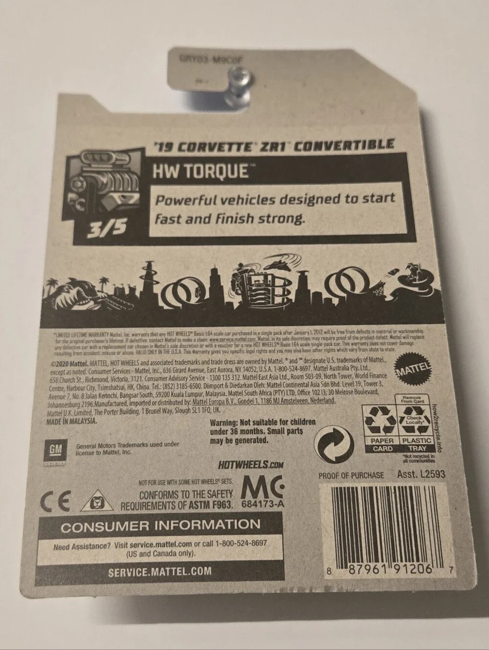 2019 Corvette ZR1 Convertible Hot Wheels HW Torque 3/5 White 134/250